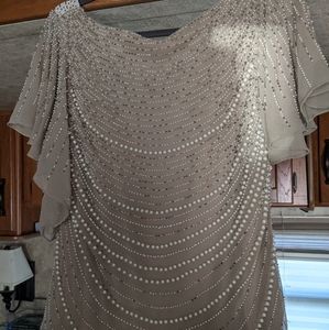 Long Tan Beaded Chiffon Dress